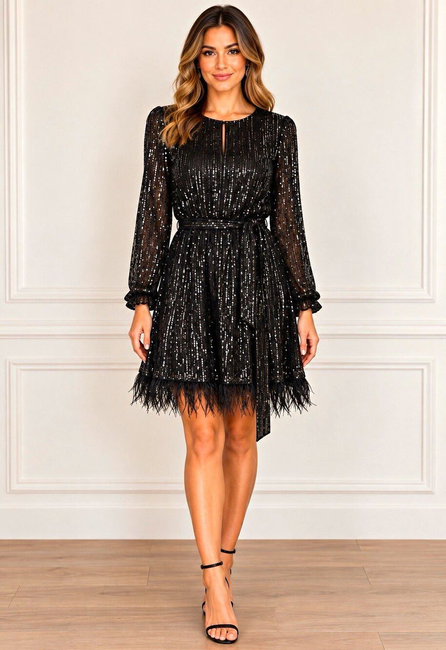 LDT Black Sequin Feather Hem Mesh Lined Sheer Balloon Sleeve Mini Dress 10